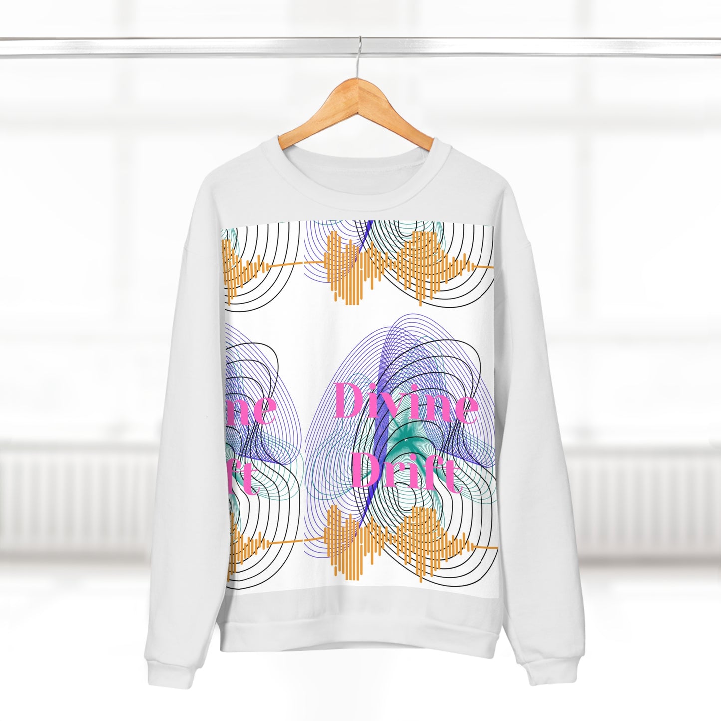 White sweatshirt with colorful design and text on a hanger against a white background