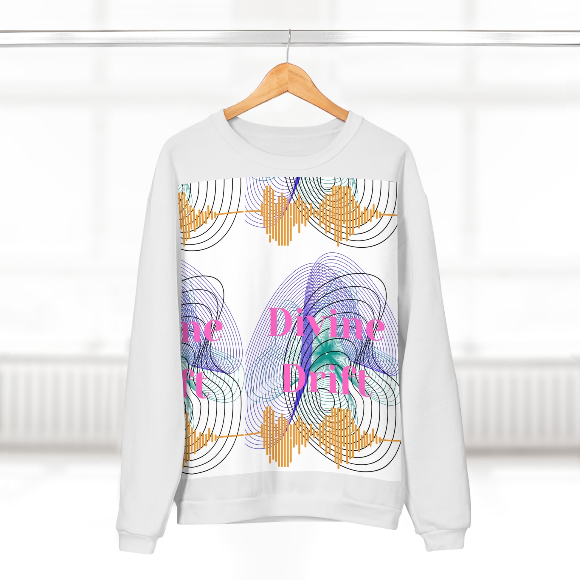 White sweatshirt with colorful design and text on a hanger against a white background