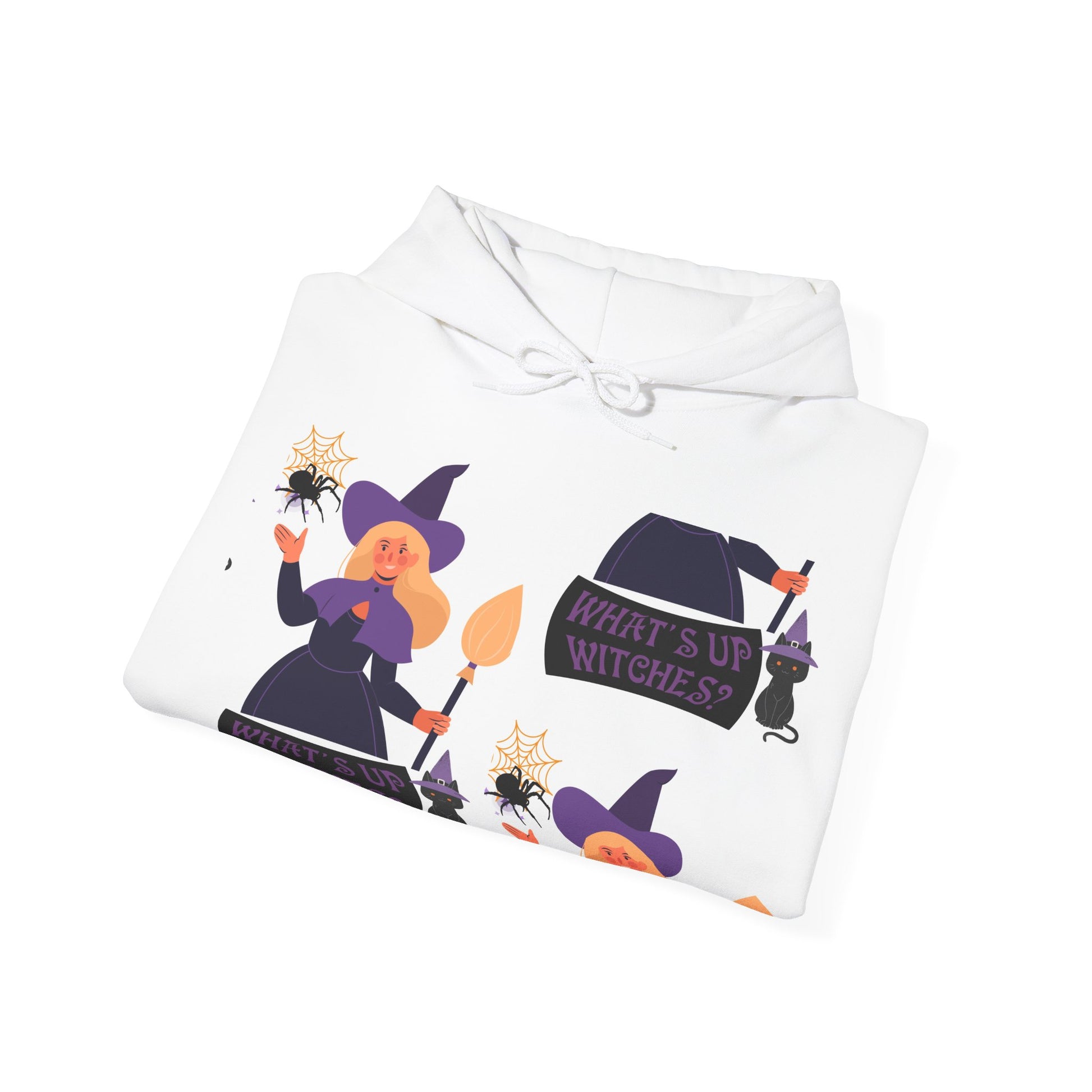 Folded white blanket with Halloween-themed design featuring witches and text on a white background