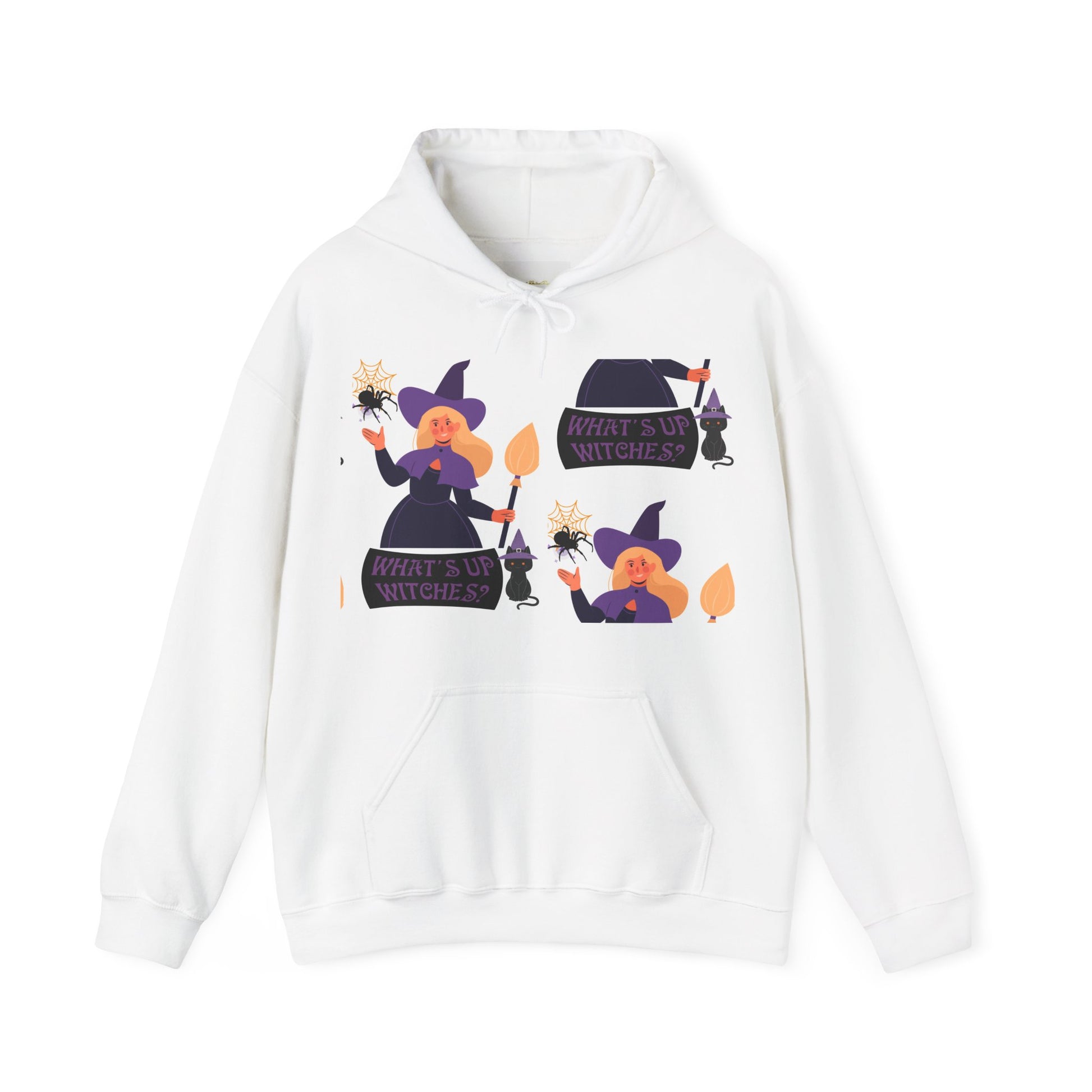 White hoodie with Halloween-themed graphics on a white background