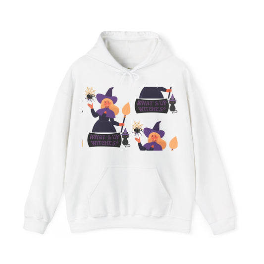White hoodie with Halloween-themed graphics on a white background