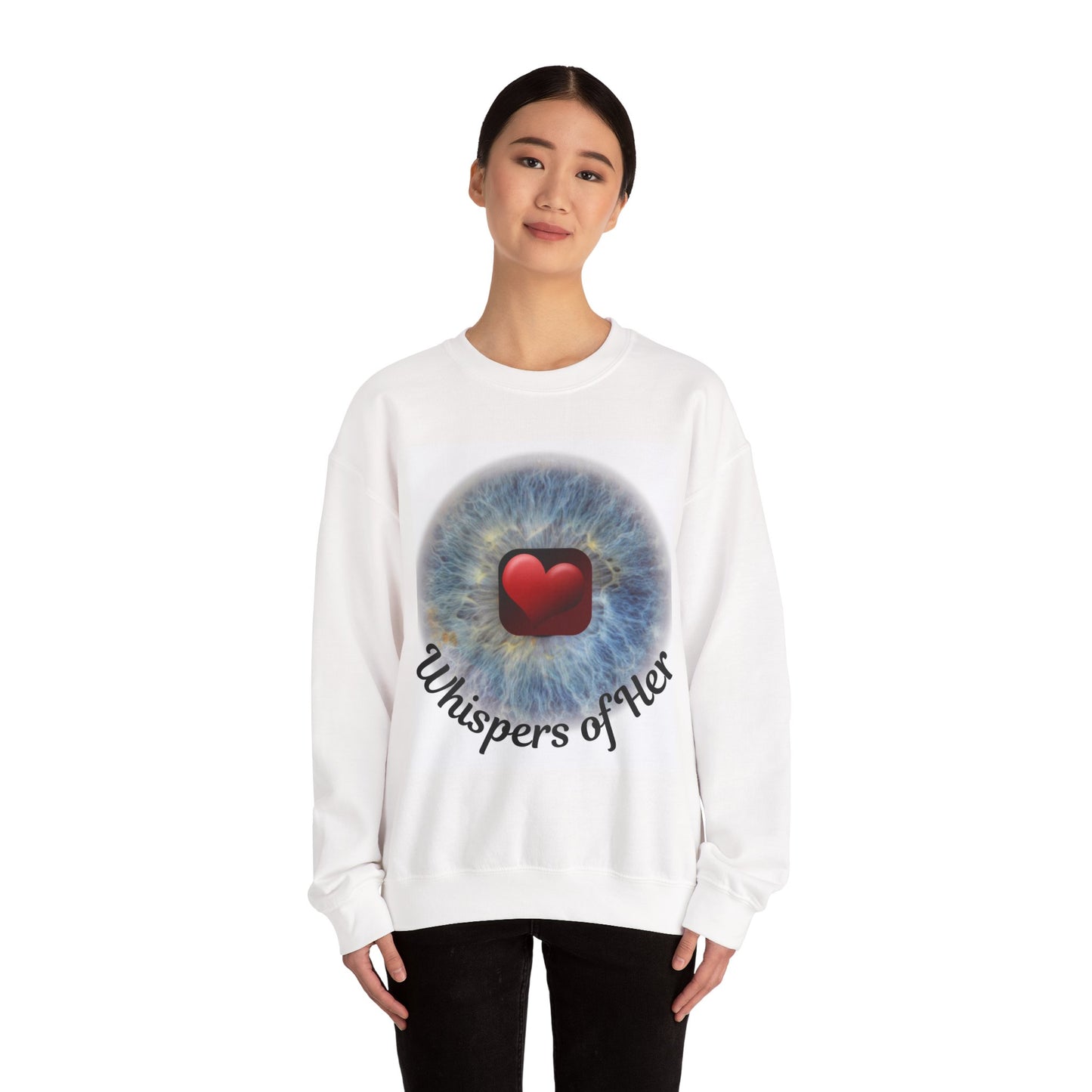 Person wearing a white sweatshirt with a graphic design and text on a white background