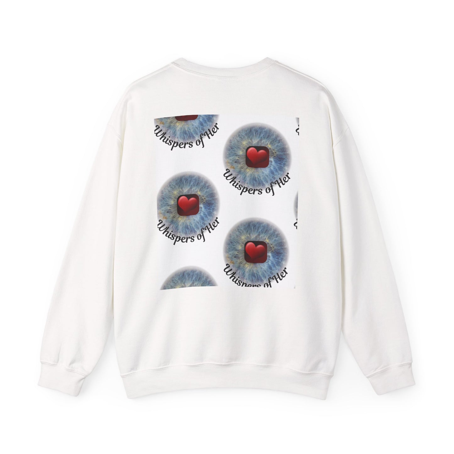 White sweatshirt with blue eye design and red hearts on a white background