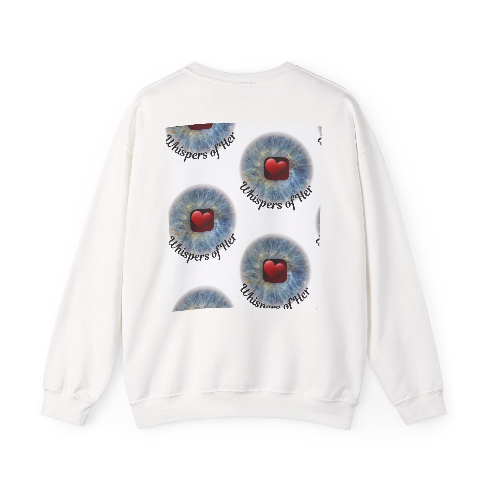 White sweatshirt with blue eye design and red hearts on a white background