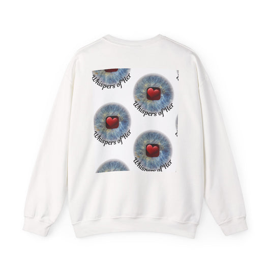 White sweatshirt with blue eye design and red hearts on a white background