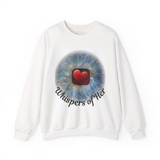 White sweatshirt with a colorful design and text on a white background