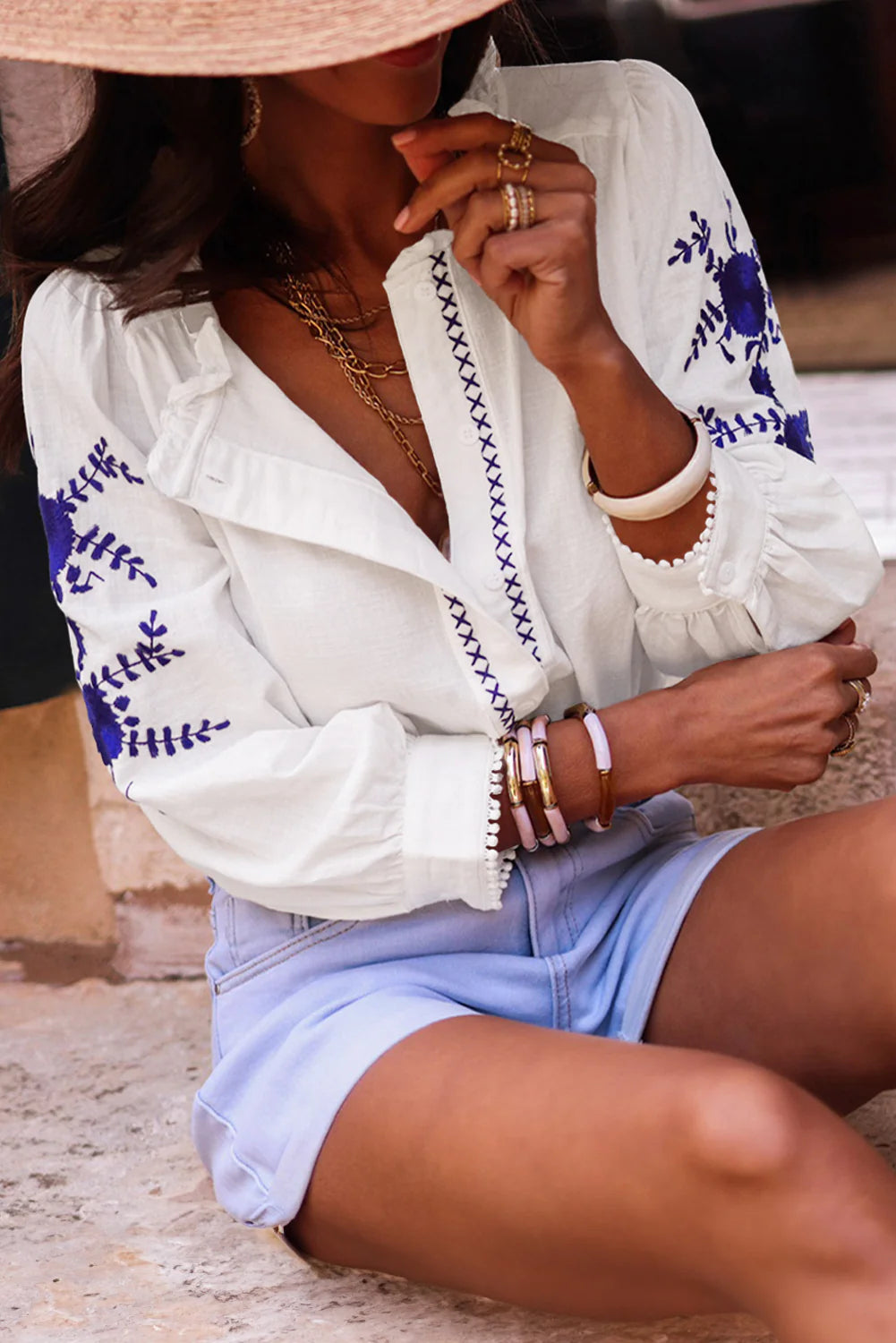 White Embroidered Sleeve Shirt - model close front view