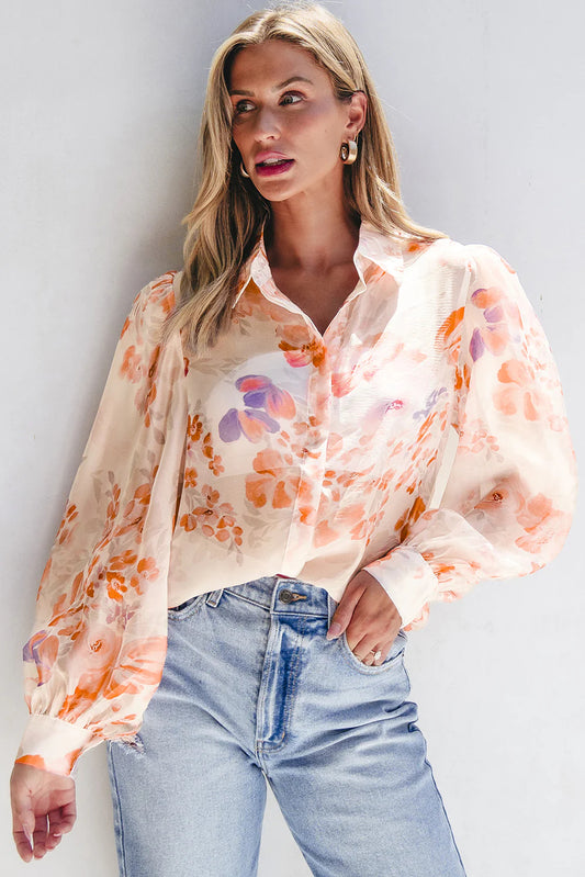 White Floral Print Sleeve Loose Shirt, front