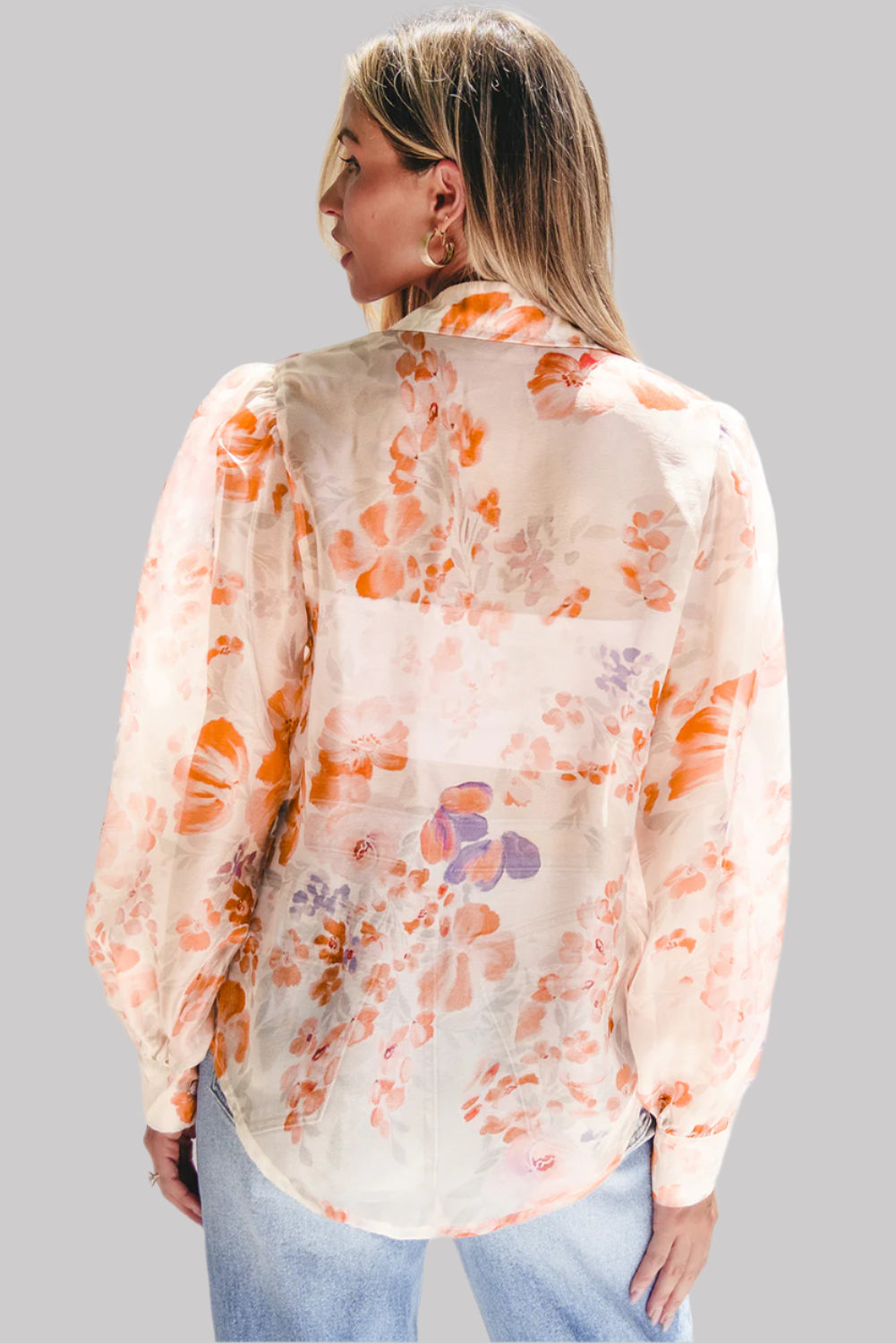 White Floral Print Sleeve Loose Shirt, back side view garment