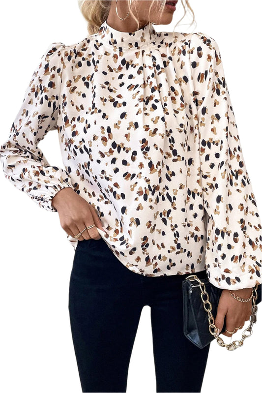 White Leopard Print Sleeve Mock Neck Blouse, Front close view garment