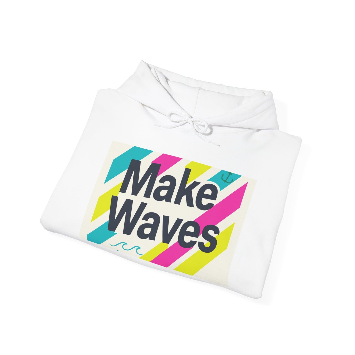 White hoodie with 'Make Waves' text on a white background