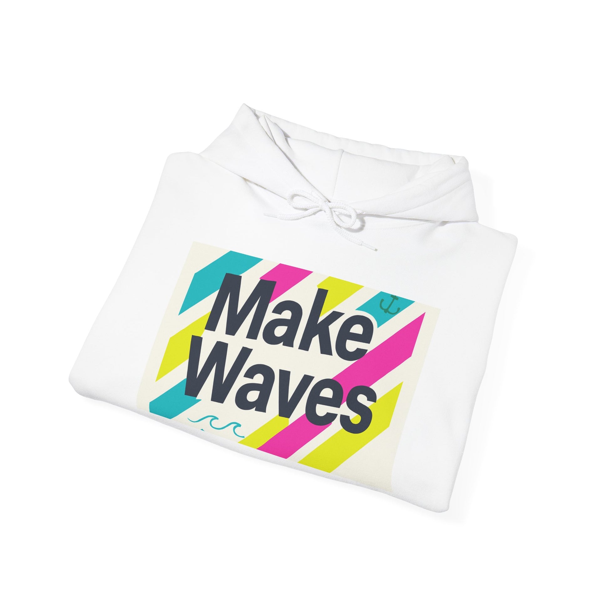 White hoodie with 'Make Waves' text on a white background