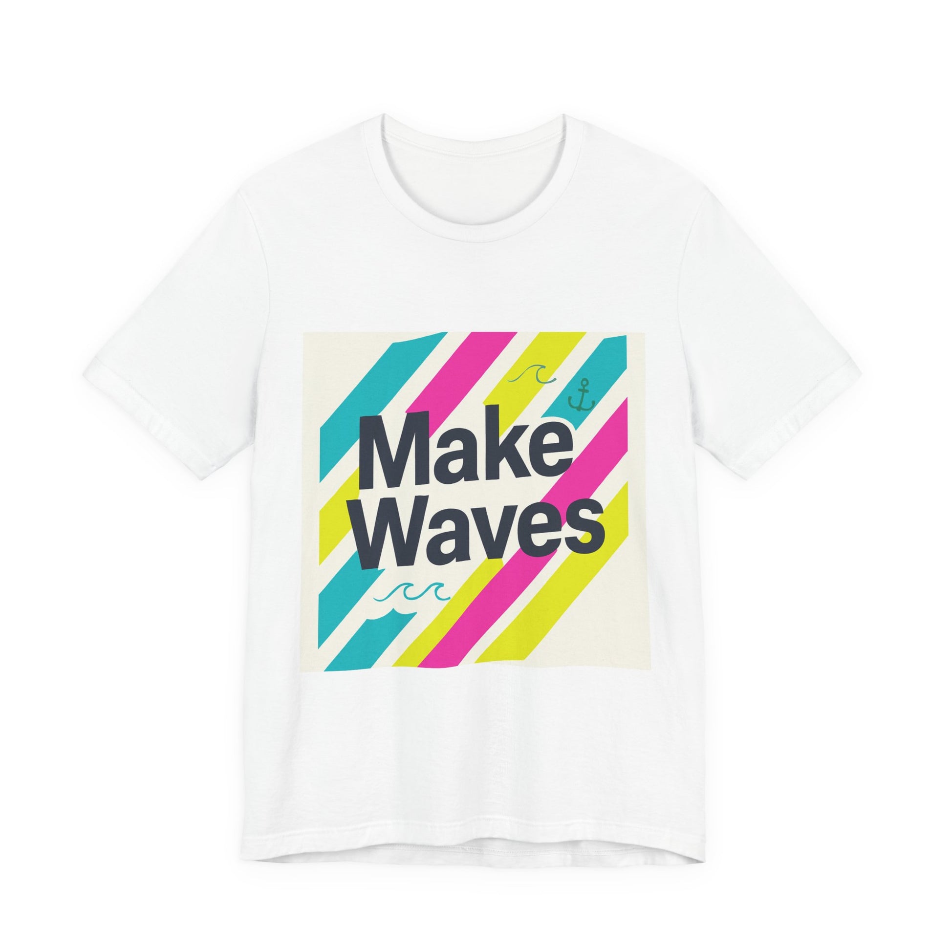 White t-shirt with 'Make Waves' graphic design on a white background