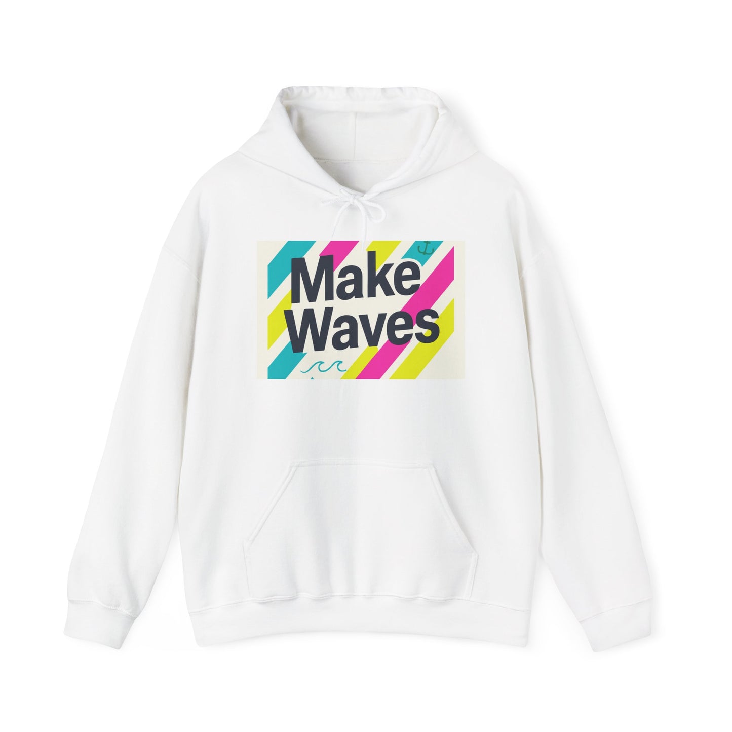 White hoodie with 'Make Waves' text in colorful design on a white background