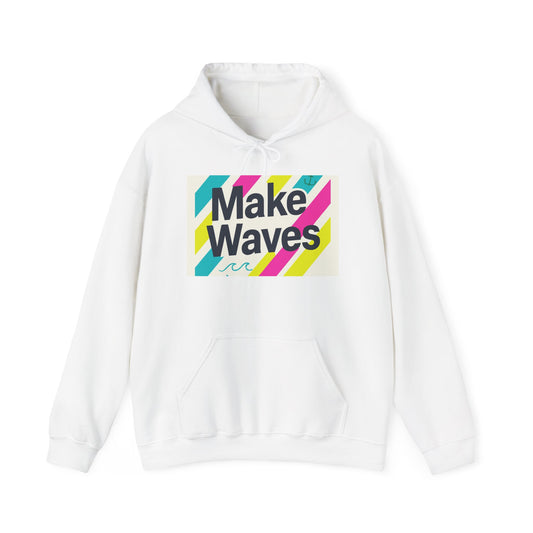 White hoodie with 'Make Waves' text in colorful design on a white background