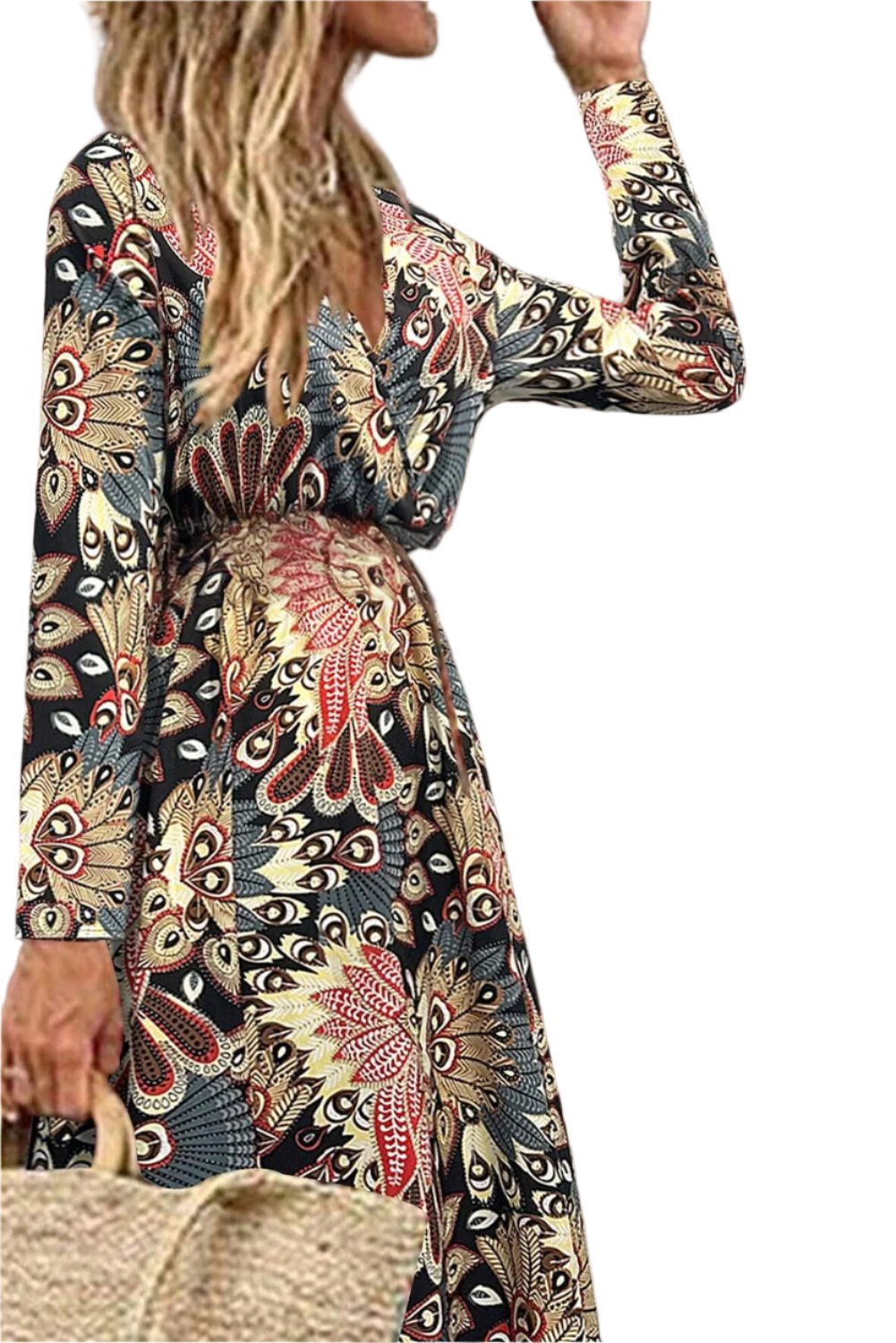 Woman Black Floral Print Maxi Dress, Woman floral print side view