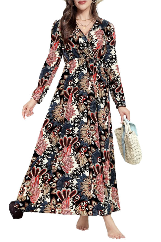Woman Black Floral Print Maxi Dress, Woman dress front view