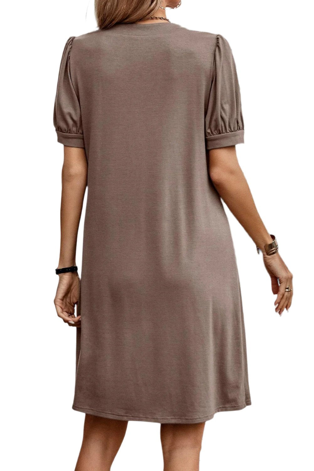 Woman Desert Palm dress, Pleated Puff Sleeve Shift T-shirt Dress, back view