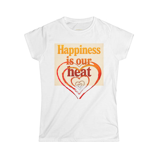White t-shirt with 'Happiness is our heart' design on a white background