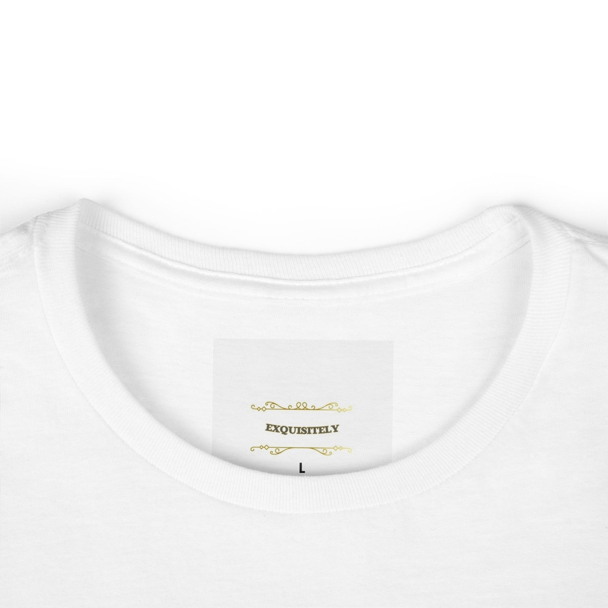 White t-shirt with gold text on a white background
