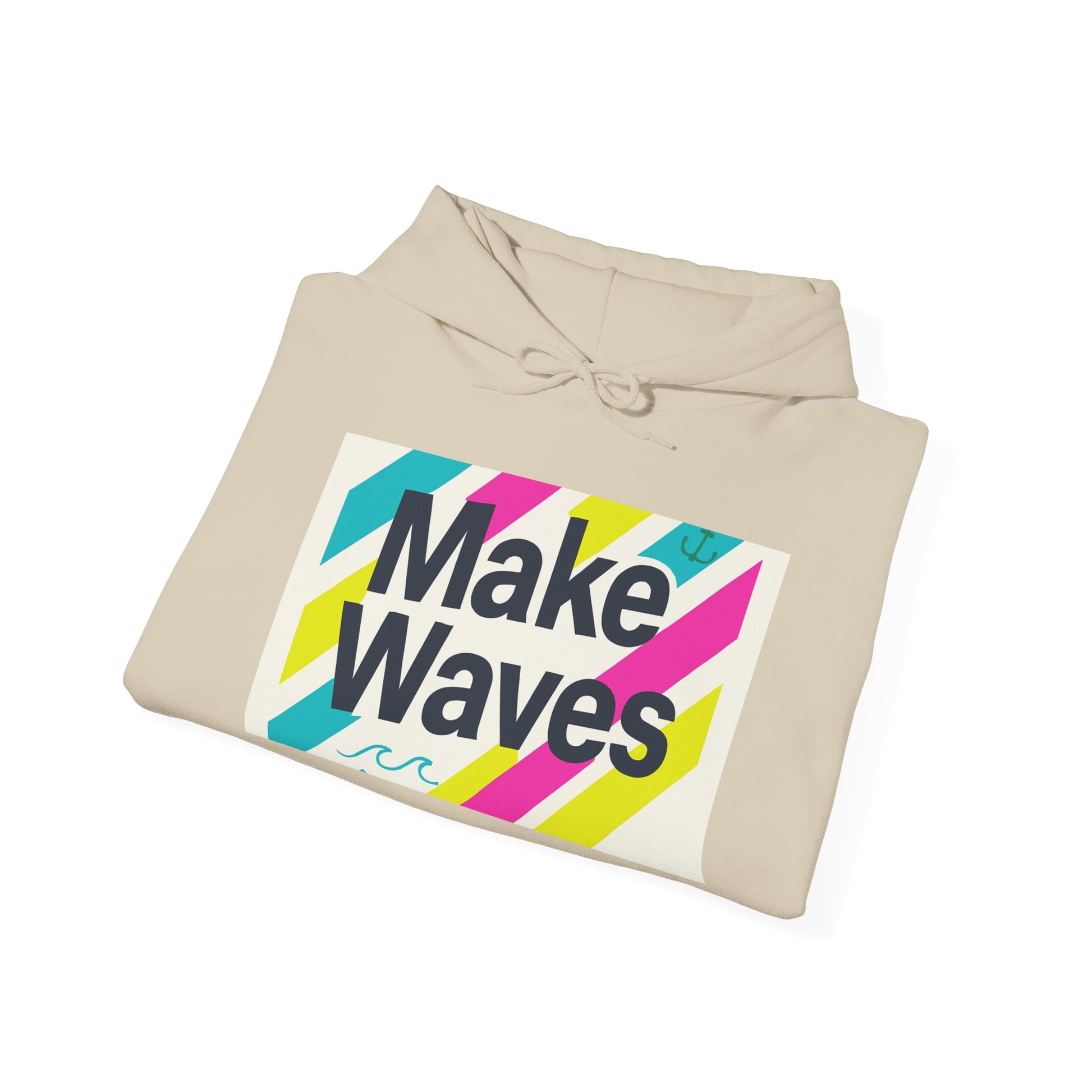 Beige hoodie with 'Make Waves' graphic on a white background