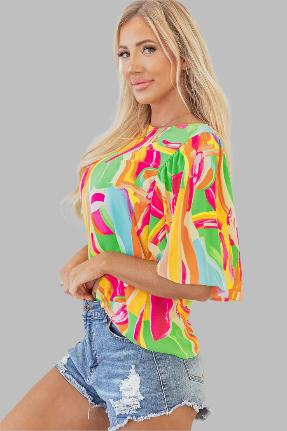 multicolour abstract print blouse, left side shoulder view