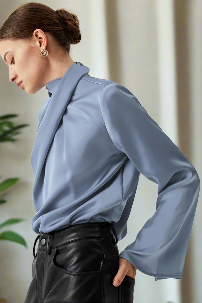  Asymmetric Turtleneck Long Sleeve Blouse - right side view model