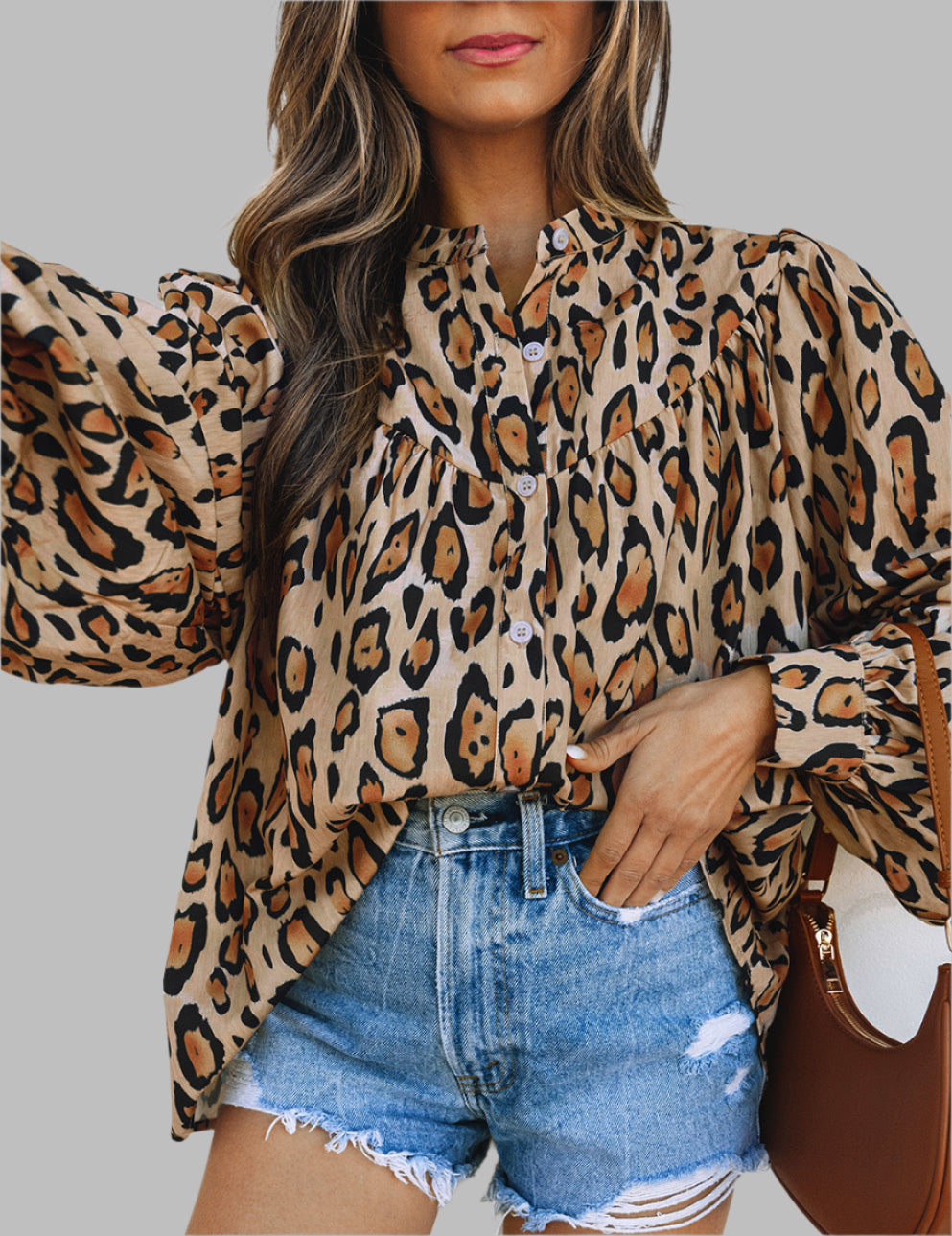  Beige Oversized Leopard Print Casual Shirt, Waman model, Close front garment  exposed