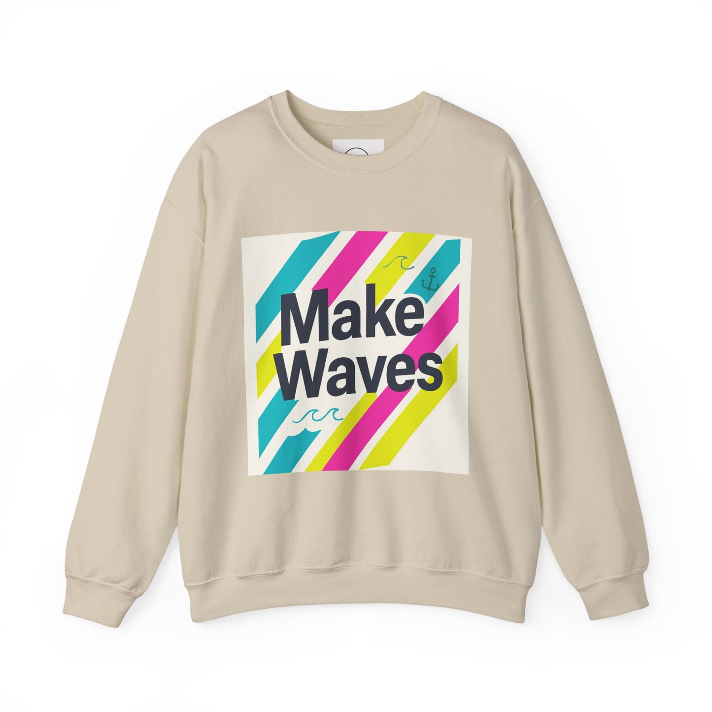 Beige sweatshirt with 'Make Waves' graphic on a white background
