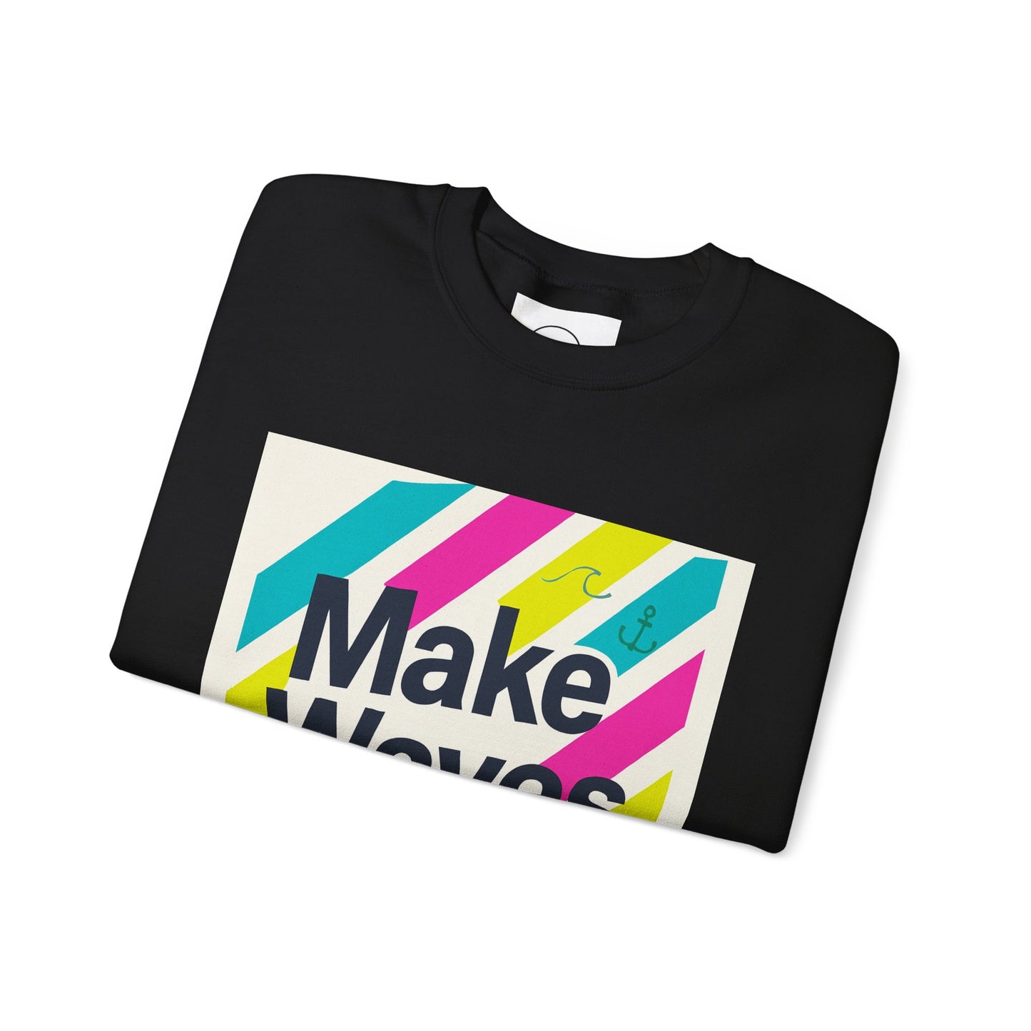 Black sweatshirt with colorful 'Make Waves' design on a white background