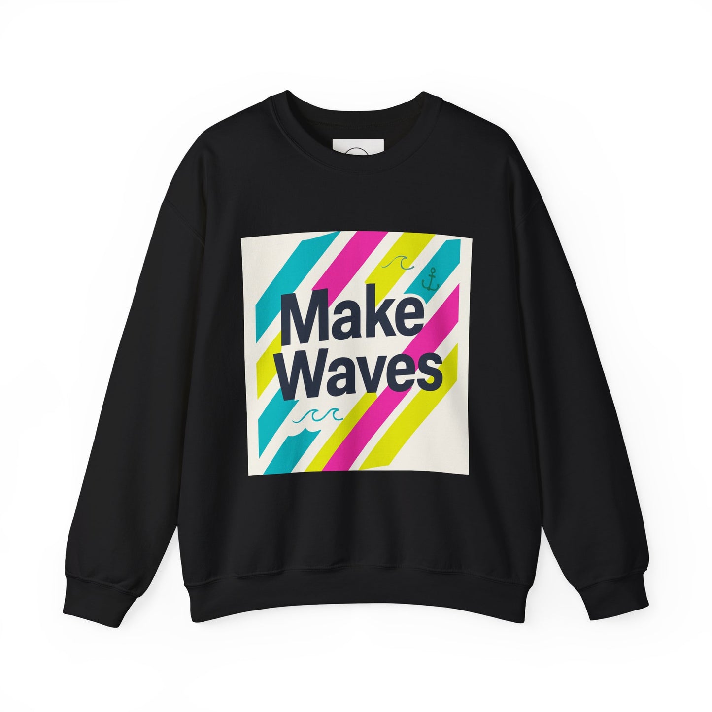 Black sweatshirt with colorful 'Make Waves' design on a white background