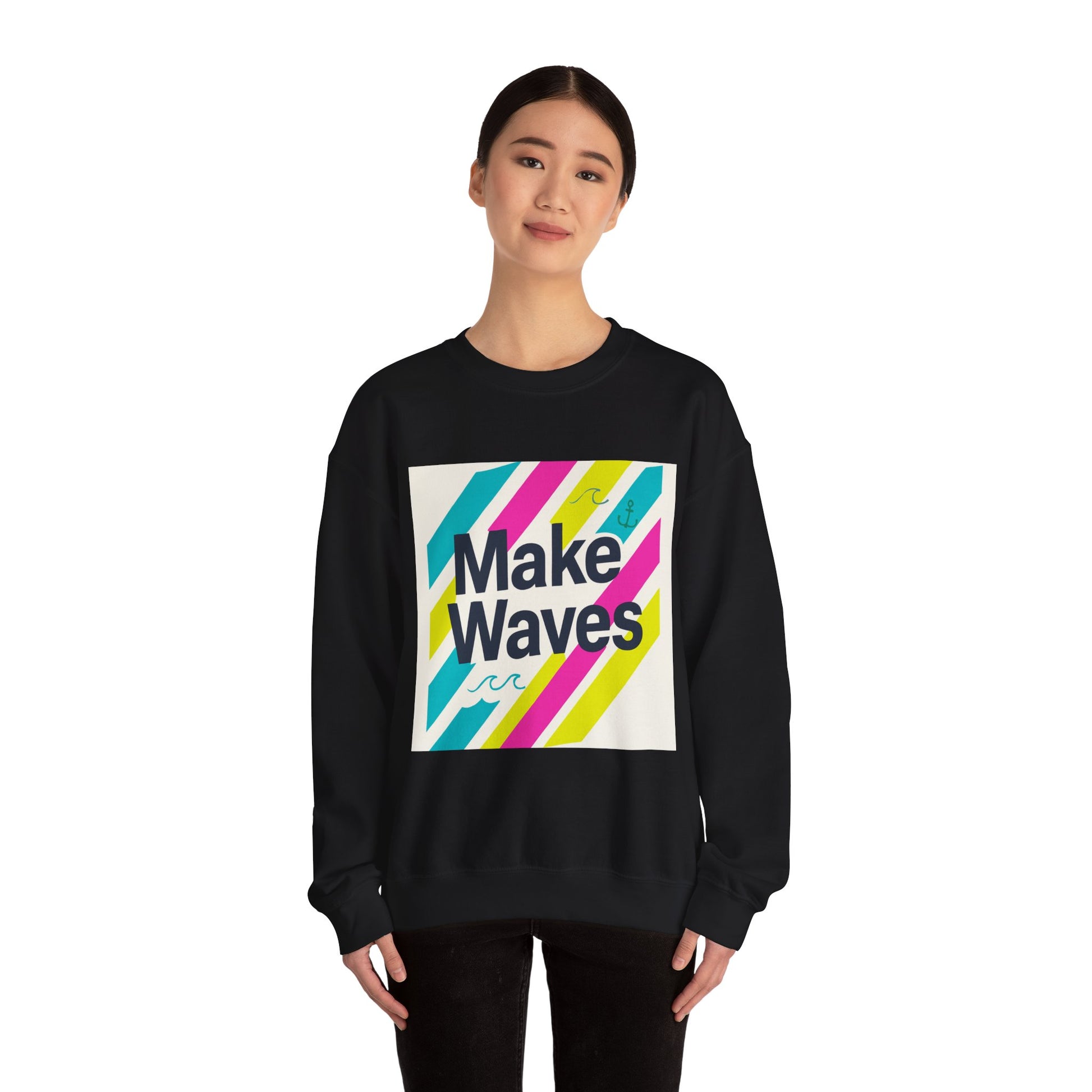 Person wearing a black sweatshirt with 'Make Waves' design on a white background