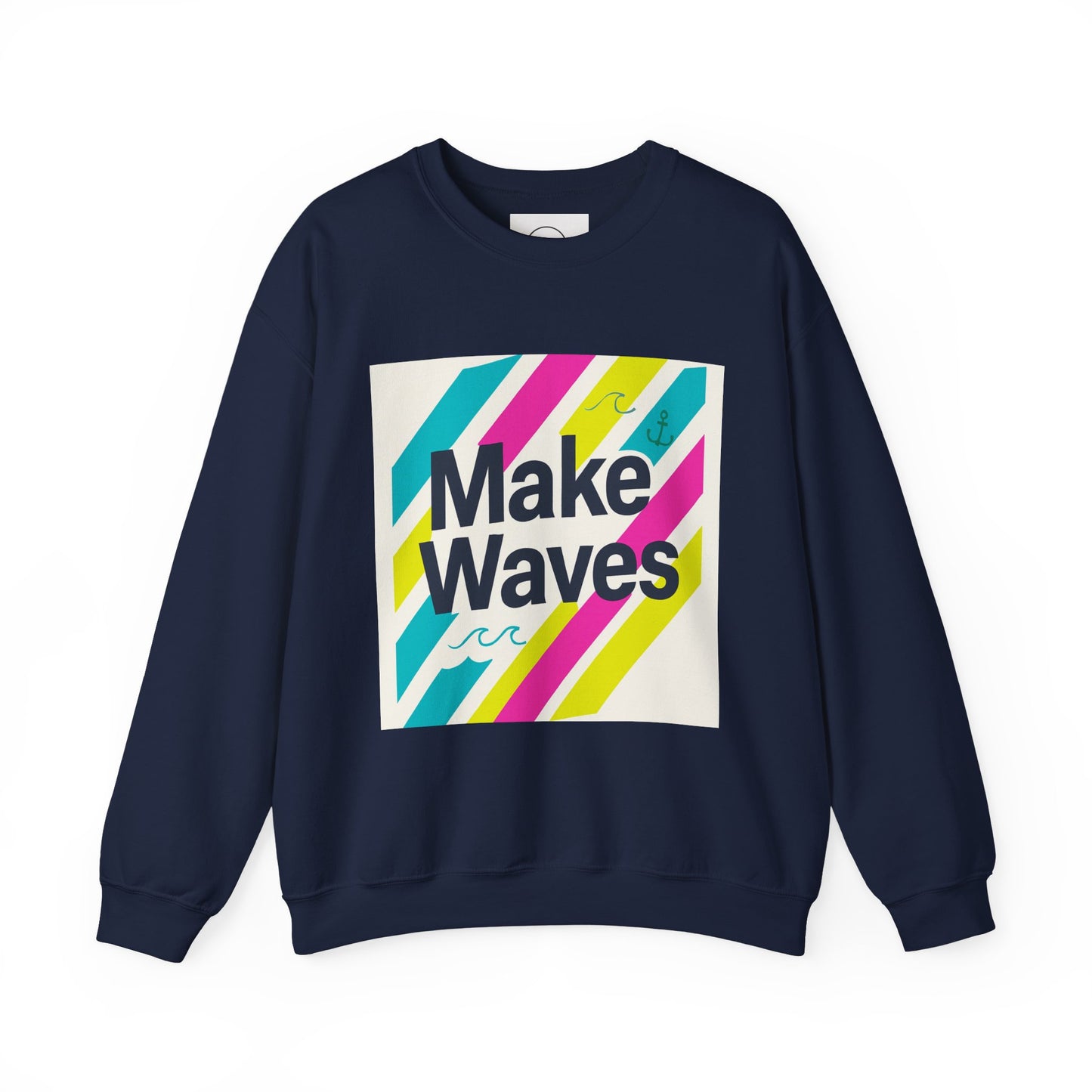 Navy blue sweatshirt with colorful 'Make Waves' graphic on a white background