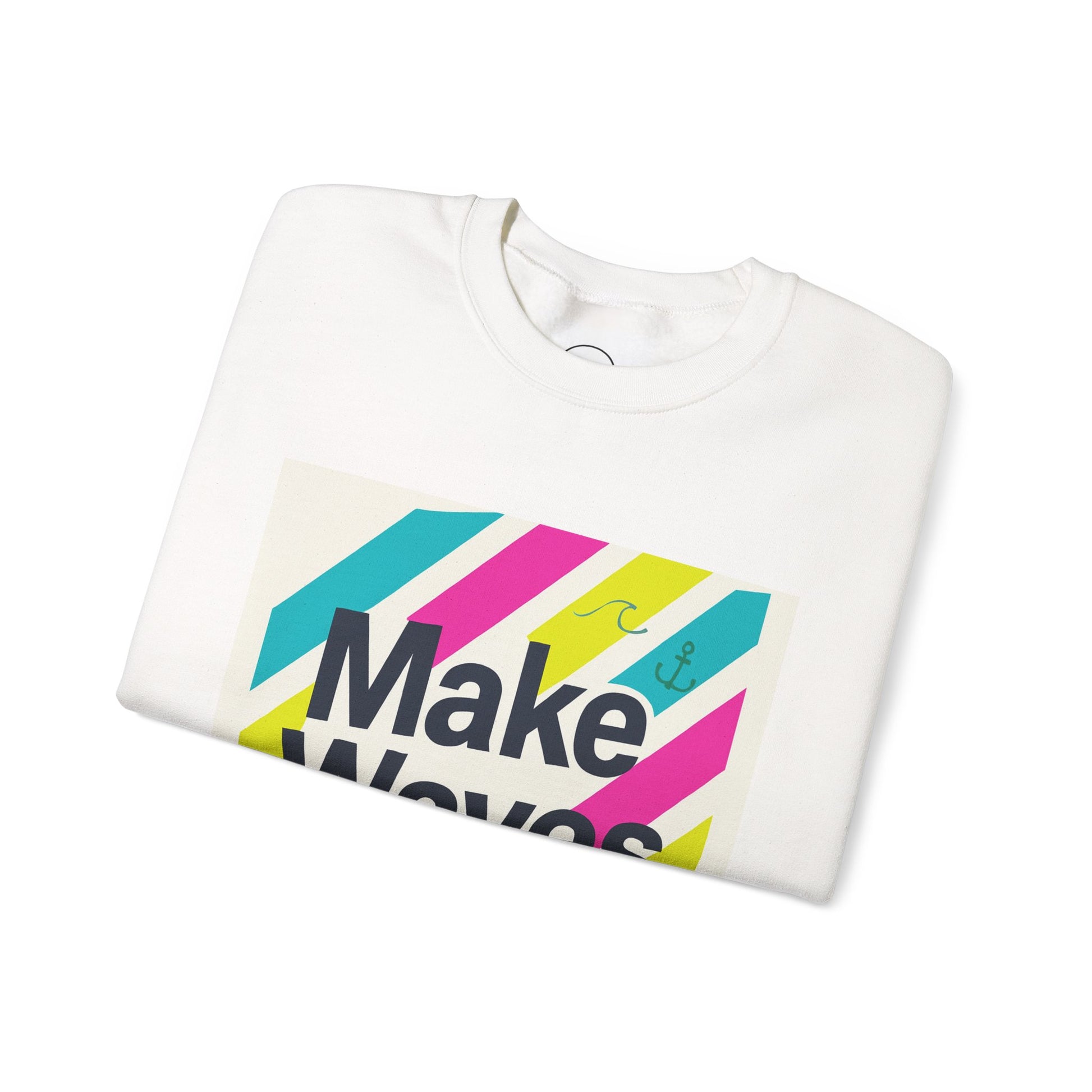 White sweatshirt with colorful 'Make Waves' design on a white background