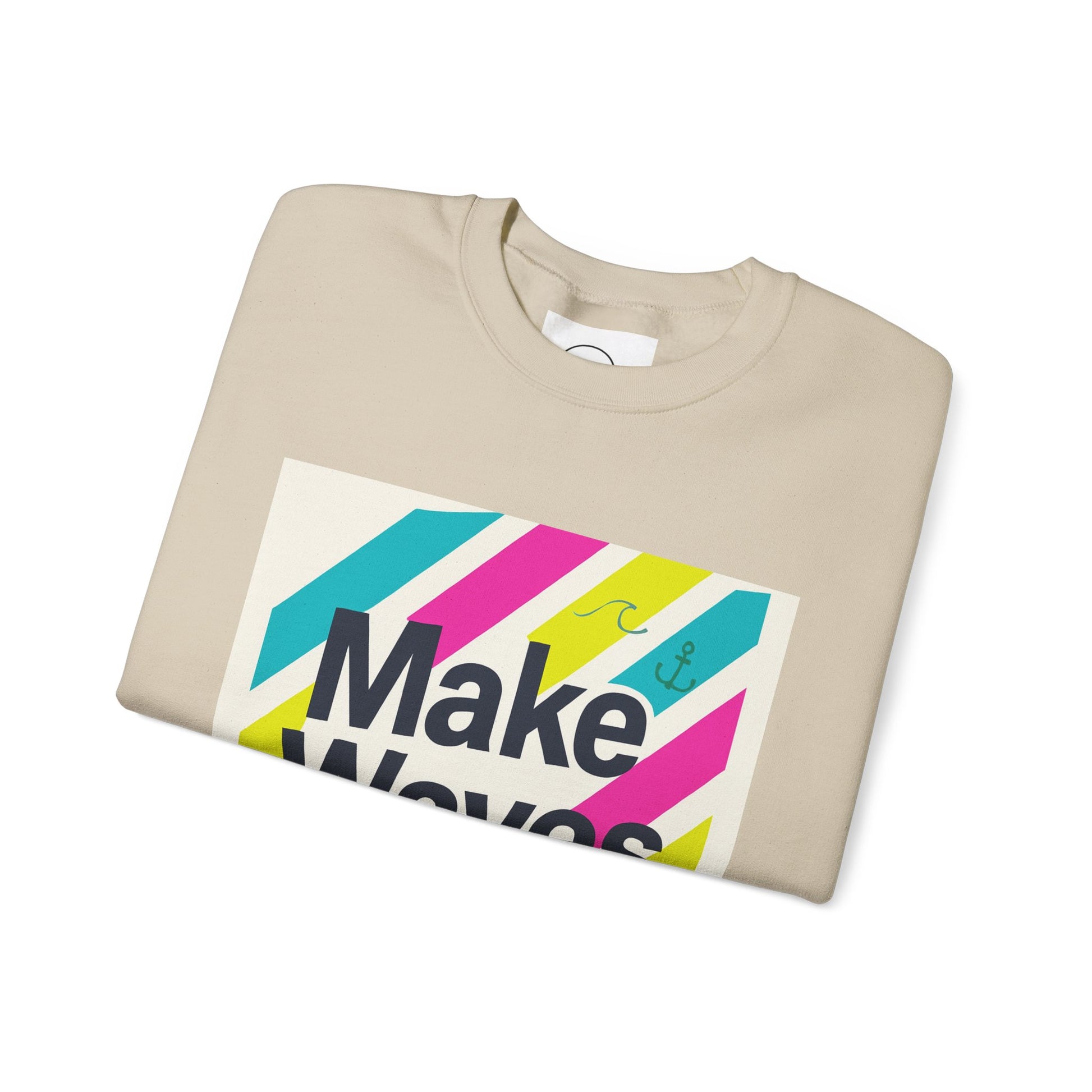 Folded beige sweatshirt with colorful graphic and text on a white background