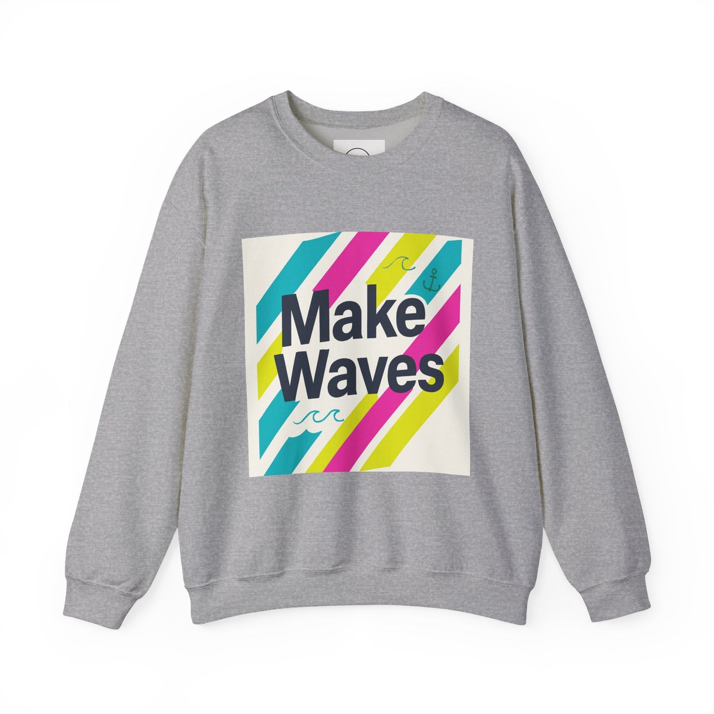 Gray sweatshirt with colorful 'Make Waves' graphic on a white background