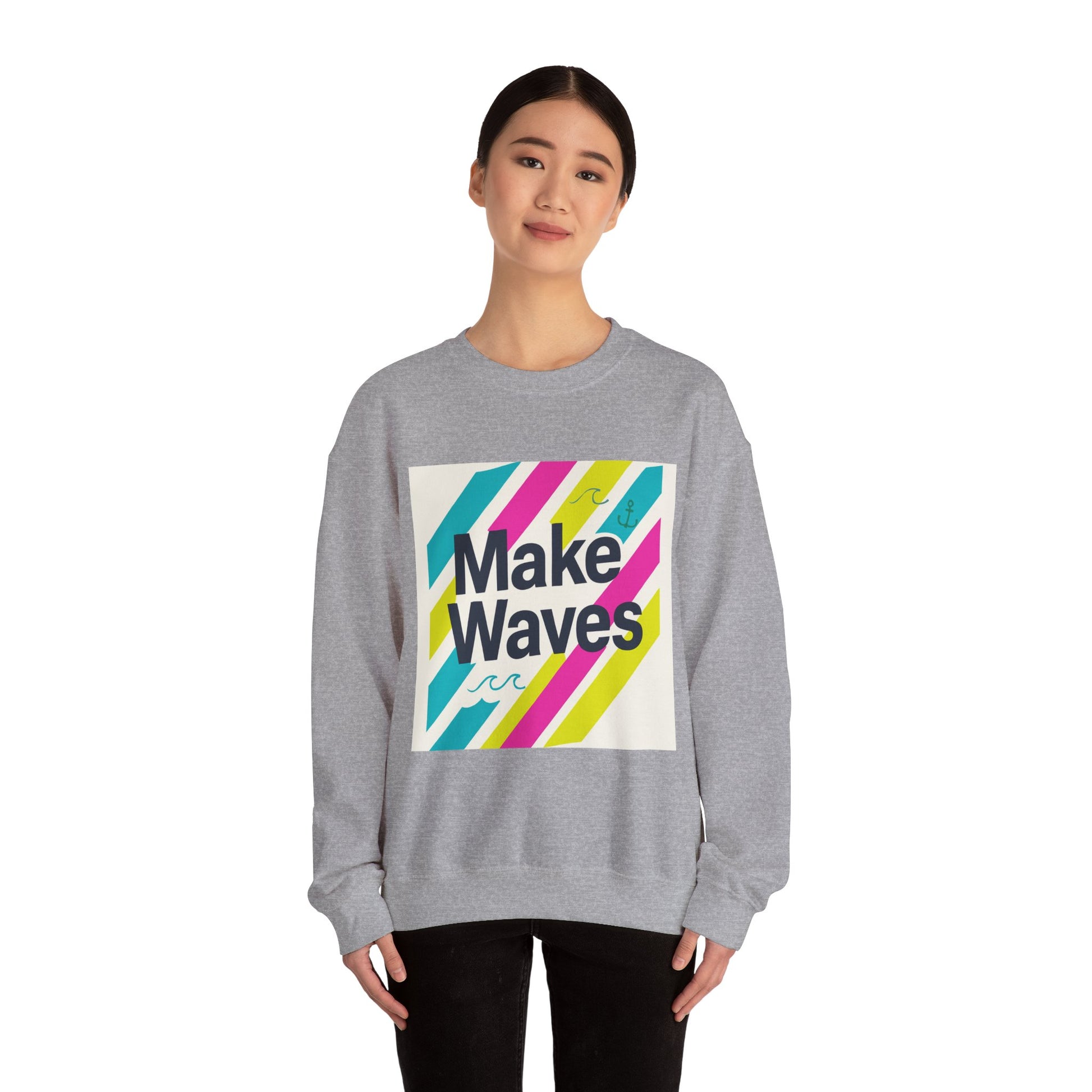 Person wearing a gray sweatshirt with 'Make Waves' design on a white background