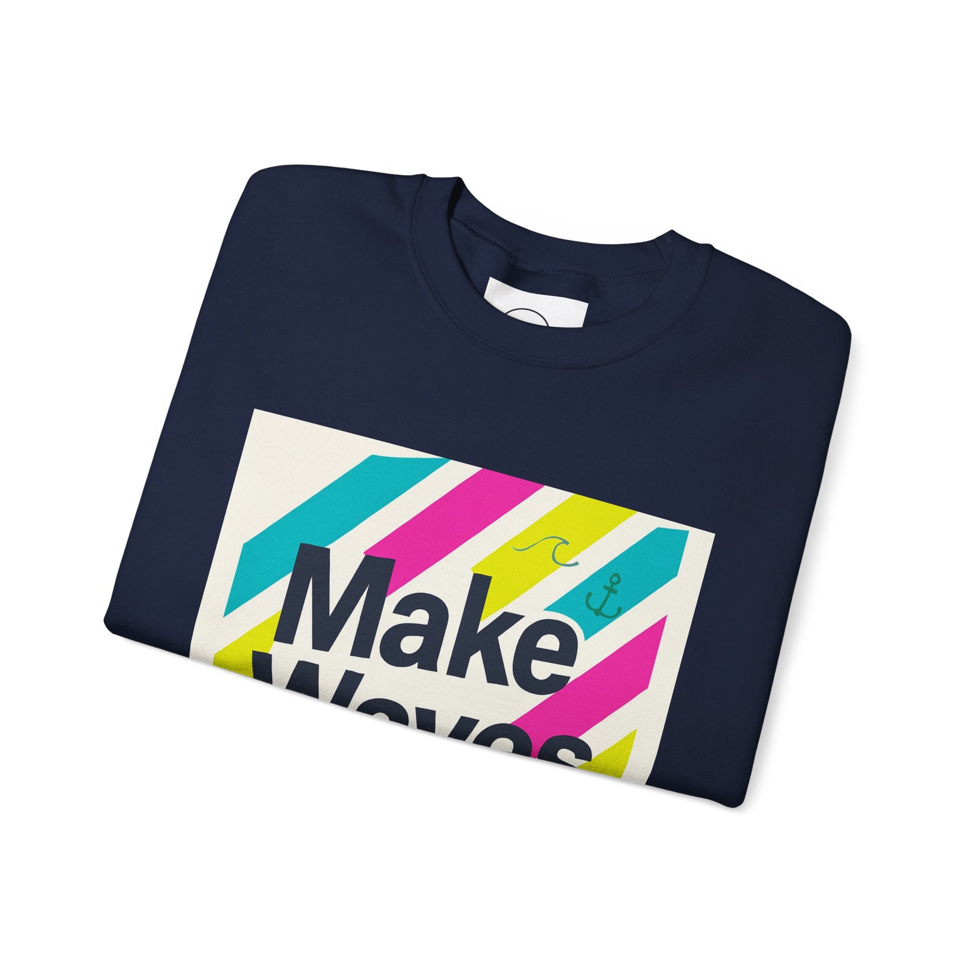 Folded navy blue sweatshirt with colorful 'Make Waves' graphic on a white background