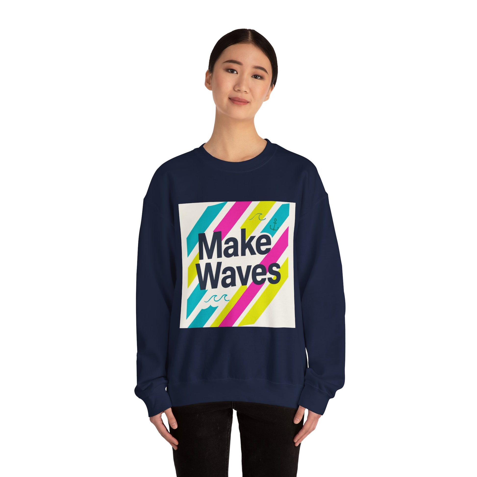 Person wearing a navy blue sweatshirt with 'Make Waves' design on a white background