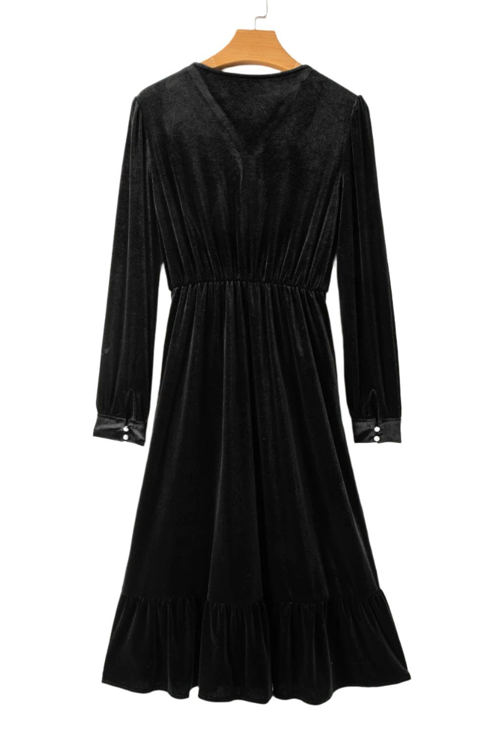 Elegant Woman Dress. Black Velvet Buttoned, V Neck dress, Split Midi Dress, Back side view hnging