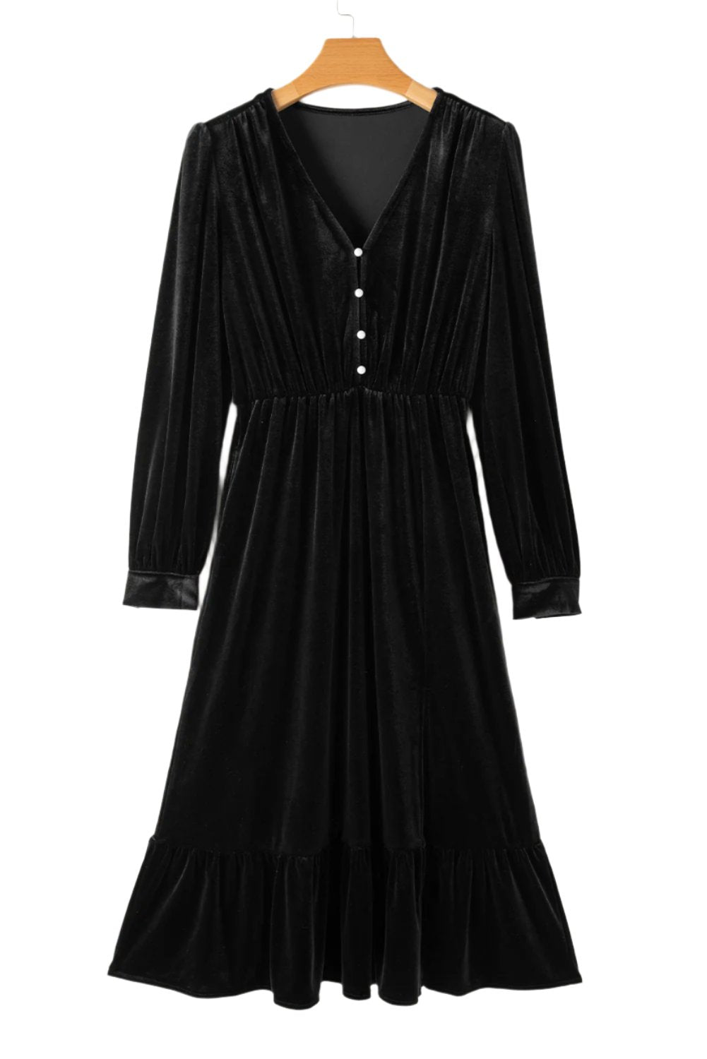 Elegant Woman Dress. Black Velvet Buttoned, V Neck dress, Split Midi Dress, hanging view photo