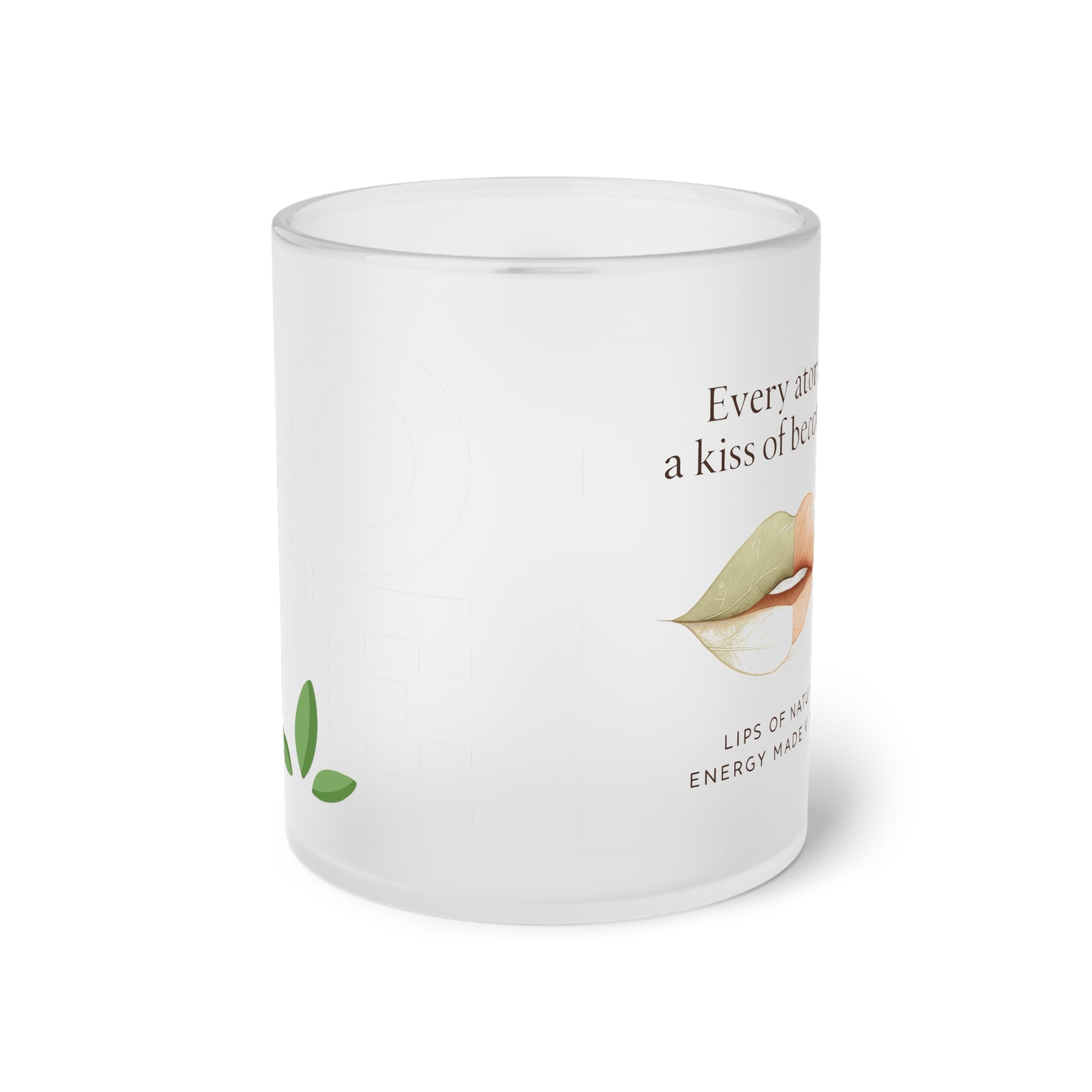 White Frosted Glass Mug with text and graphics on a white background