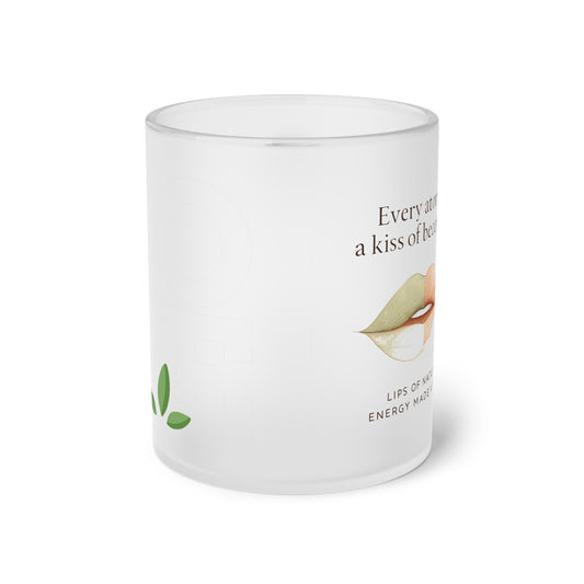 White Frosted Glass Mug with text and graphics on a white background