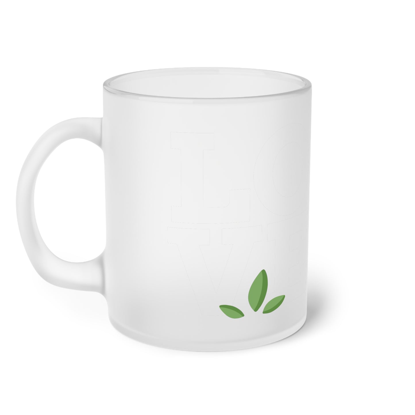 White mug with green leaf design on a white background
