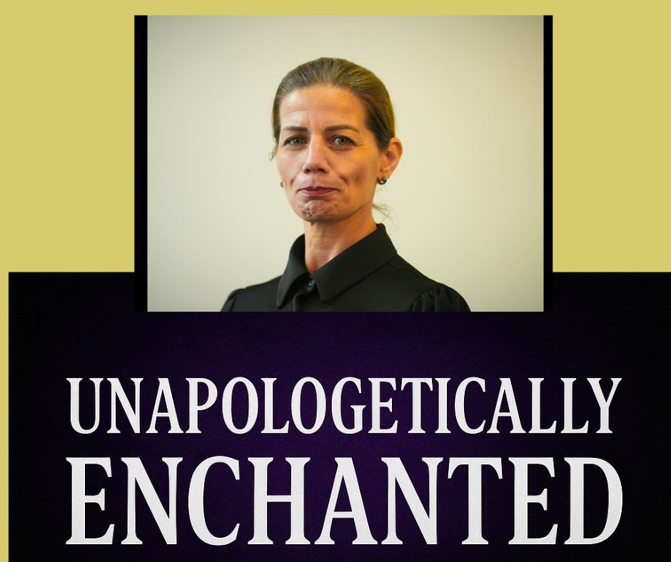 Woman in a black outfit with text 'UNAPOLOGETICALLY ENCHANTED' on a yellow and black background