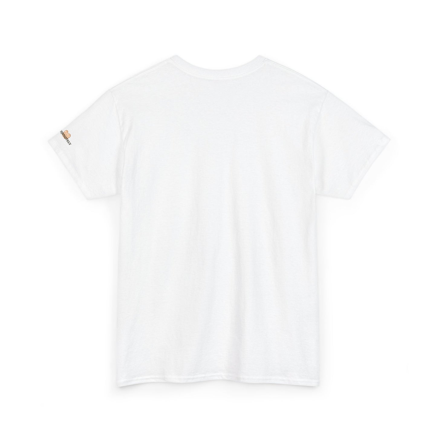 White t-shirt with a small logo on the back against a white background