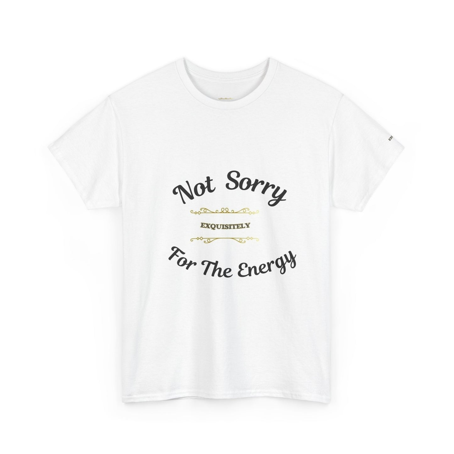 White t-shirt with black text on a white background