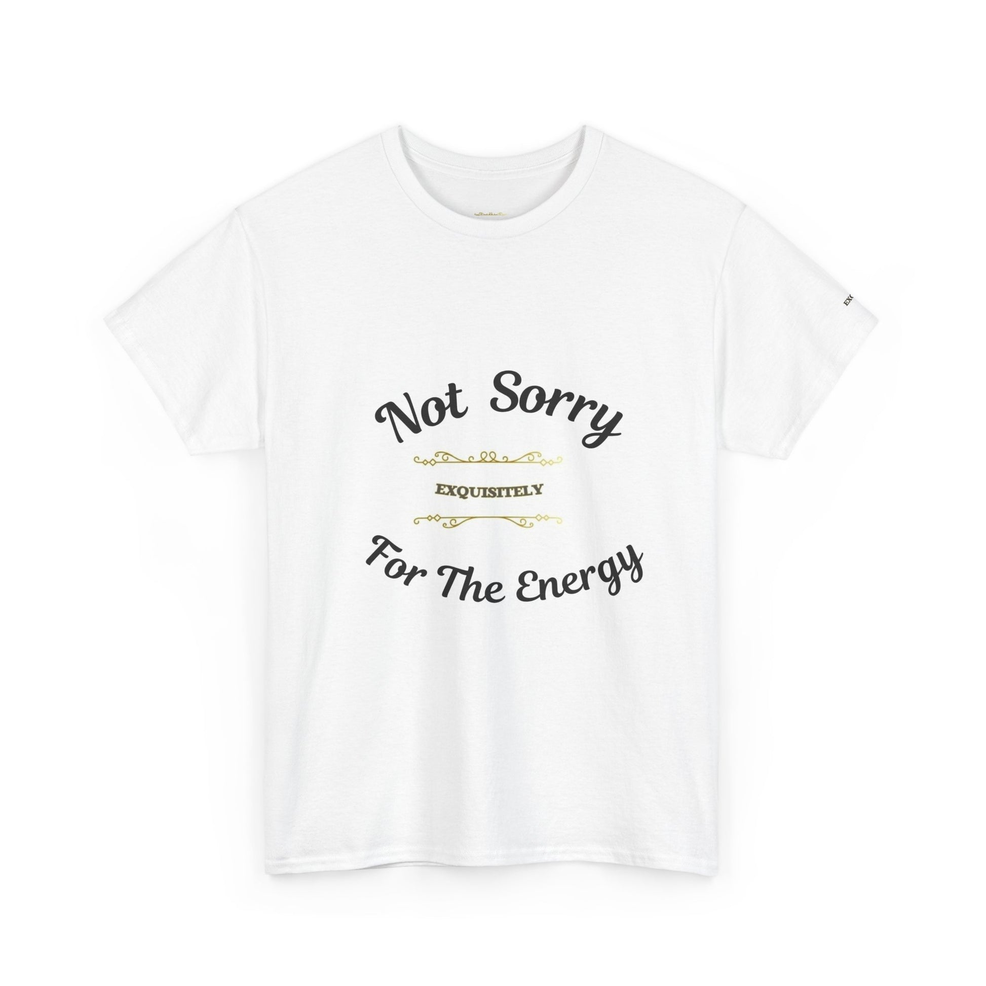 White t-shirt with black text on a white background
