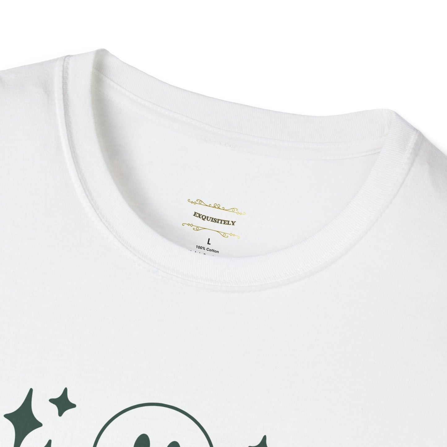 Personalised_Unisex_Soft_style_T-Shirt_ White colour, Cotton_T_-shir._Main_character_moment_slogan, collar view 