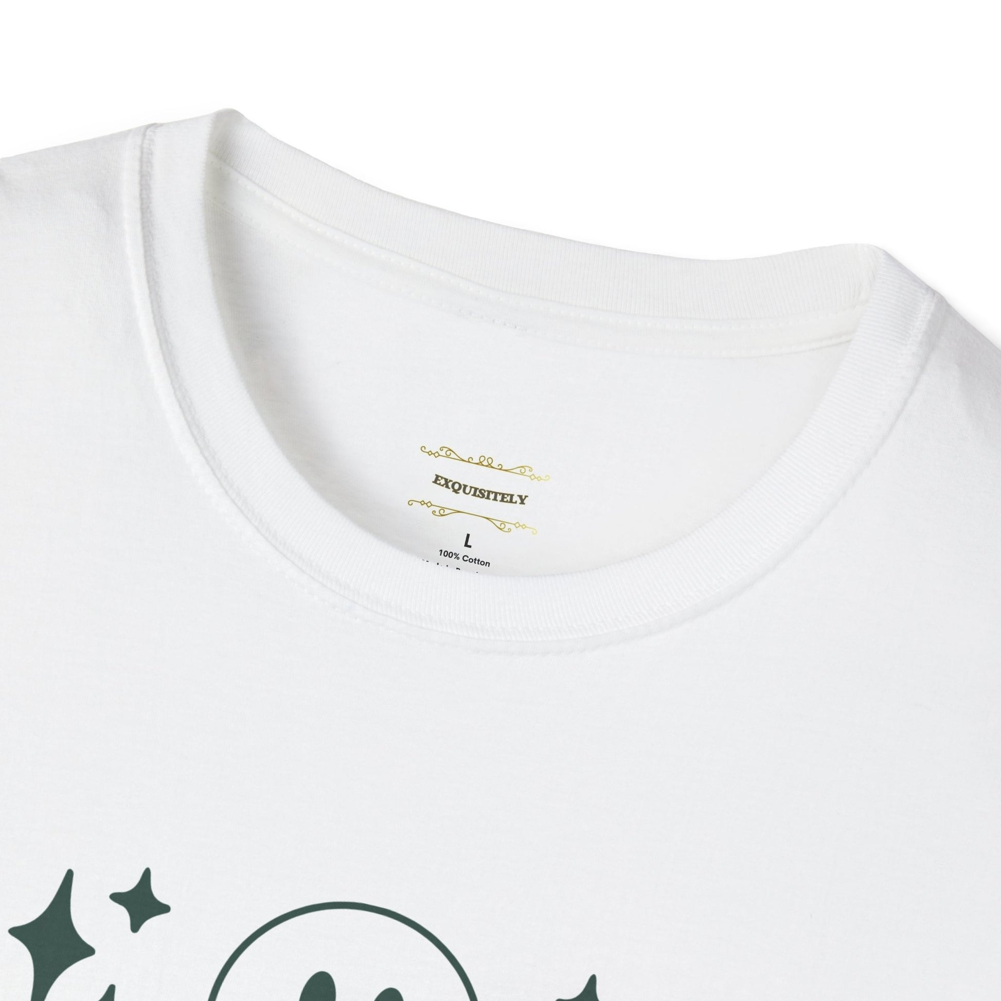 Personalised_Unisex_Soft_style_T-Shirt_ White colour, Cotton_T_-shir._Main_character_moment_slogan, collar view 
